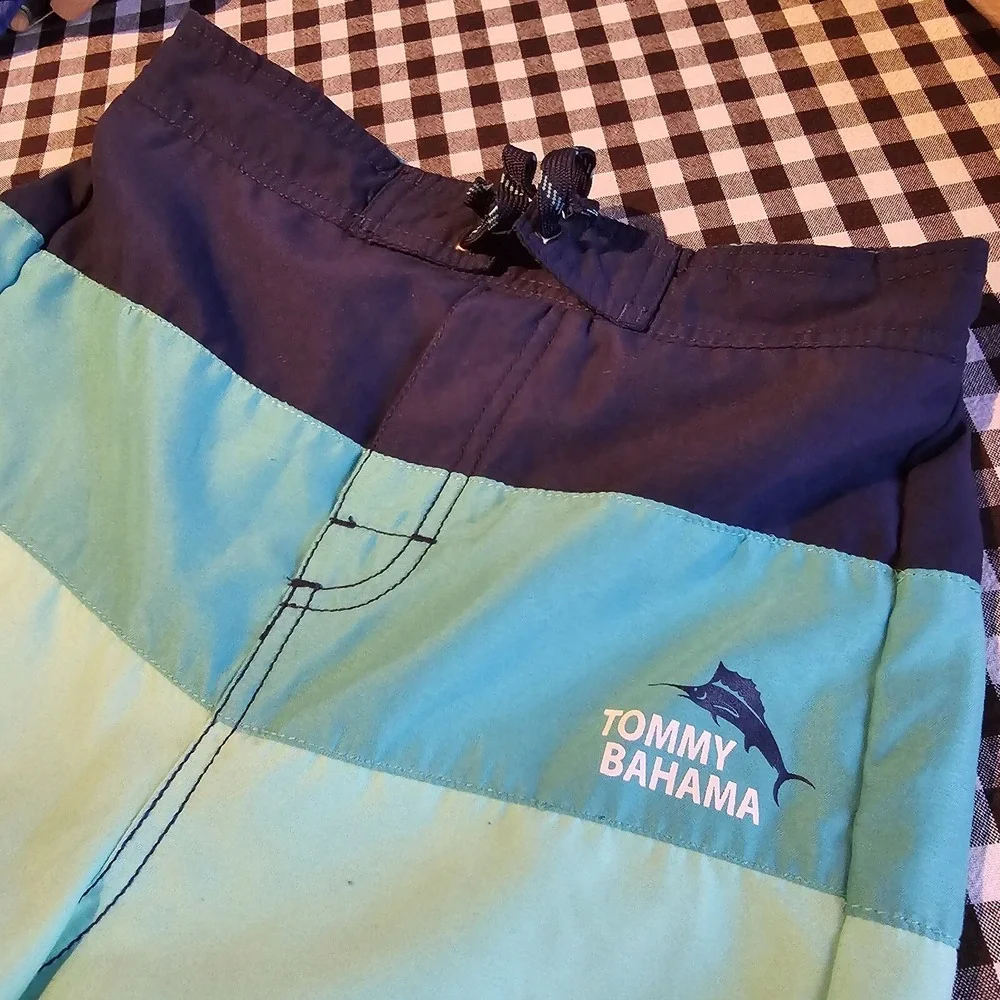 Tommy Bahama Board Shorts Boys LG Swim Trunks Mesh Liner Teals Navy Stripe Beach